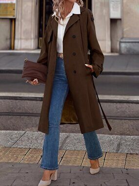 Brown Casual Women's Belted Double Button Trench Coat
